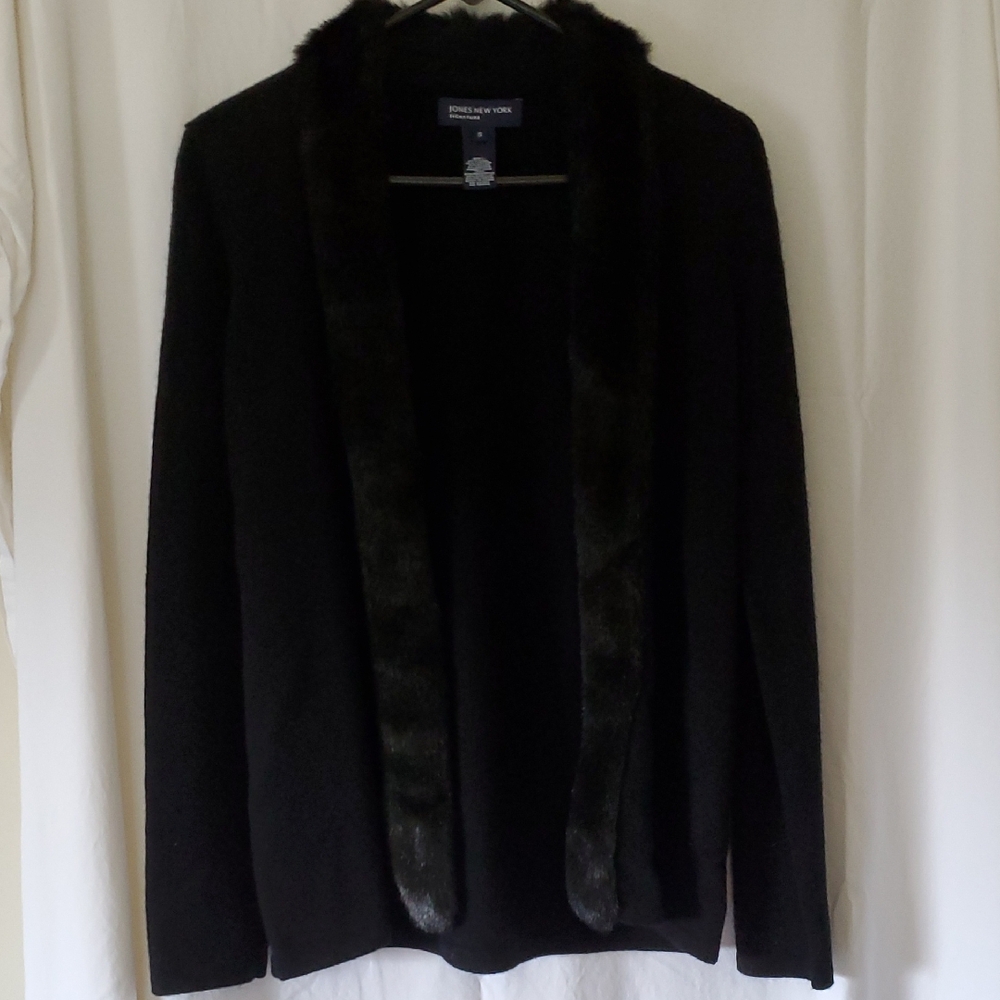 Jones New York Black Jacket with Faux Fur Trim